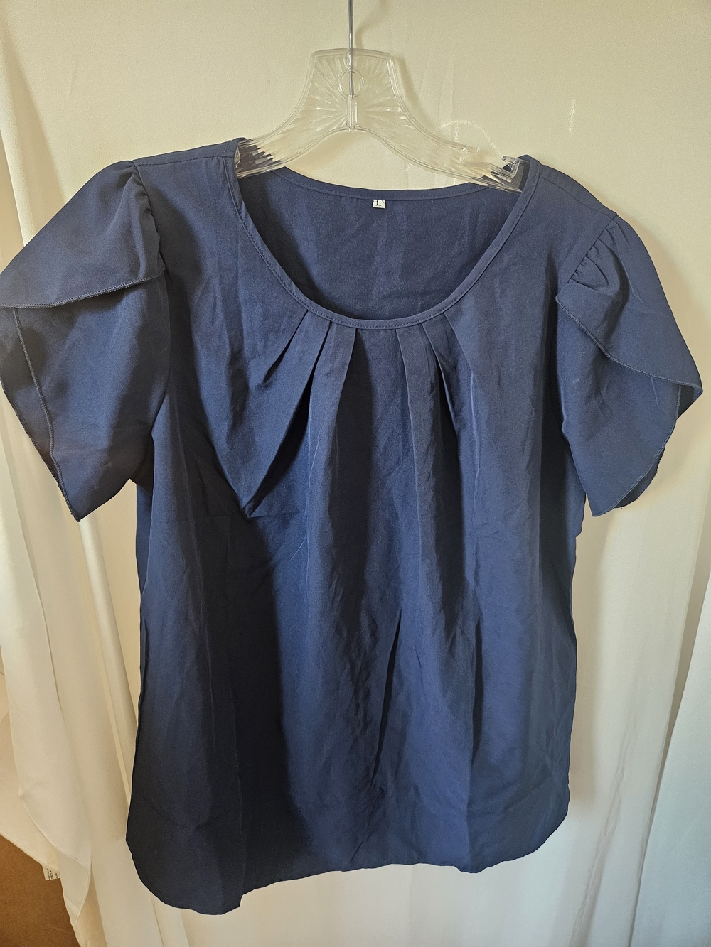 Pleated Navy Scoop Neck Blouse with Puff Sleeves